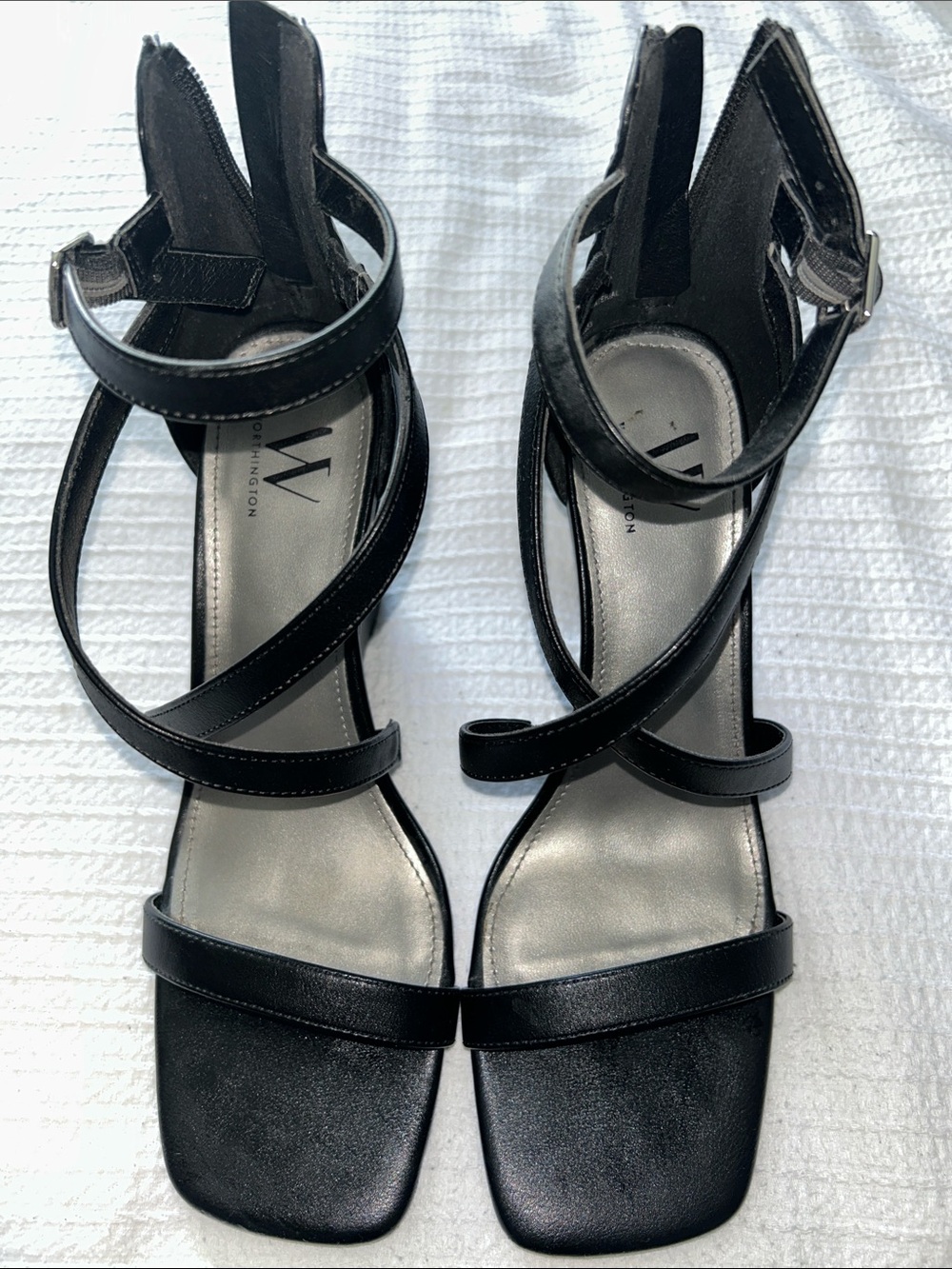 W by Worth Black Cross-Strap Square-Toe Heeled Sandals
